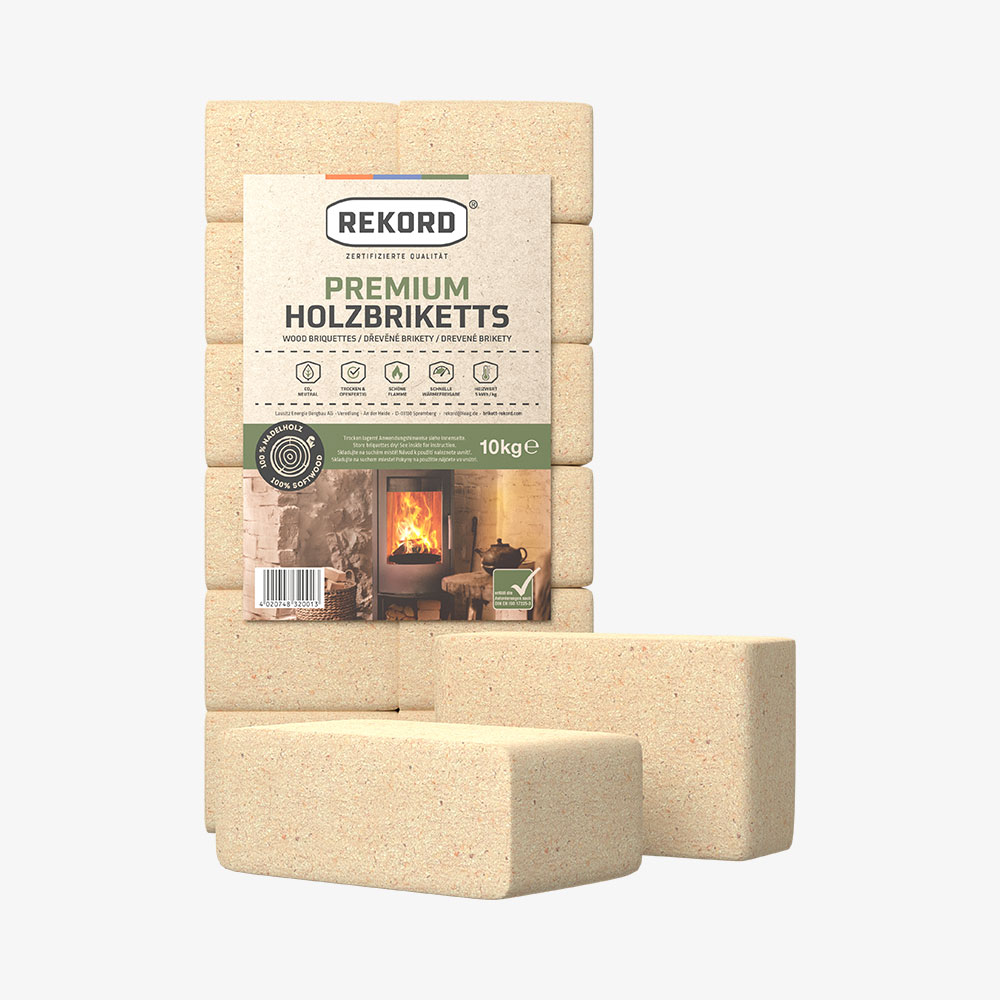 Holzbriketts Quadar online kaufen Packung 10 kg REKORD Holzbriketts aus Nadelholz mit zwei Brikettsteinen im Vordergrund
